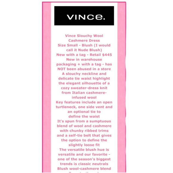 $445 Vince Wool Dress Small Pink Italian Cashmere Washable Side Slit Blush NWT - Picture 2 of 16